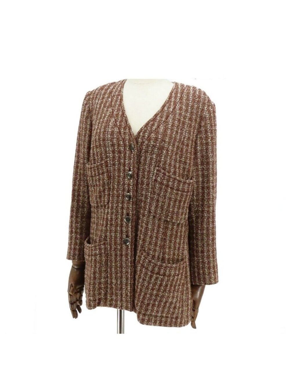 Chanel Tweed Collarless Jacket Brown Wool Top 42